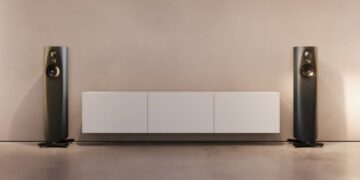 Linn 343 compact reference loudspeakers either side of a media cabinet
