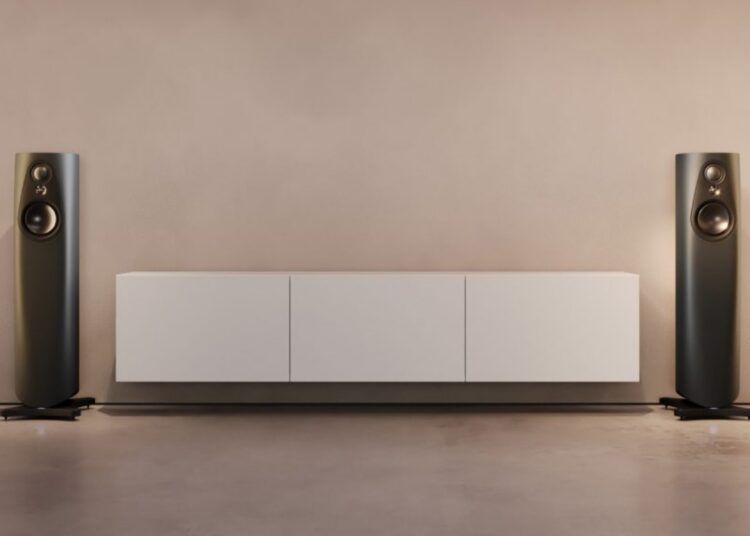 Linn 343 compact reference loudspeakers either side of a media cabinet