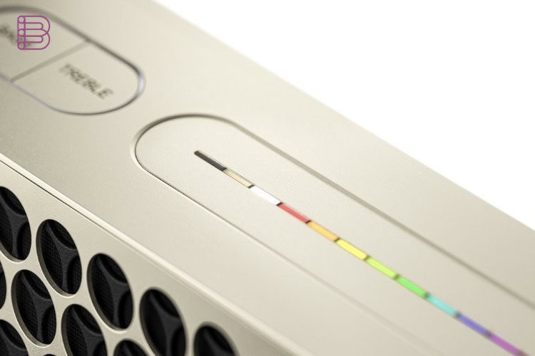Close-up of the Loewe Neo's ambient lighting strip and bass/treble controls