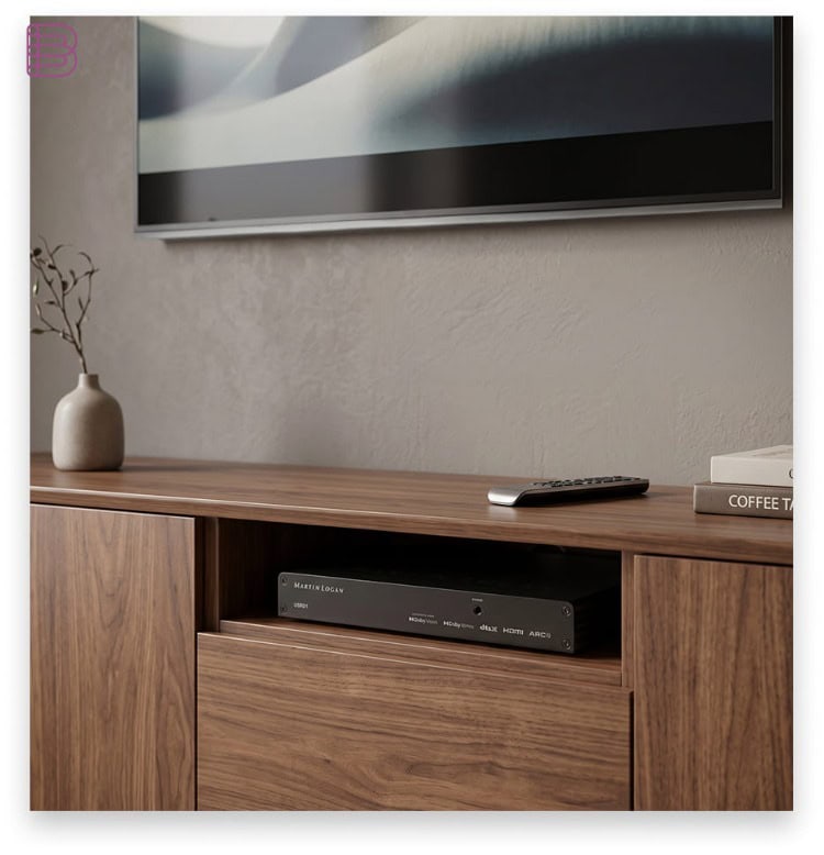 MartinLogan USR51 network AV receiver fitted inside a walnut media cabinet shelf