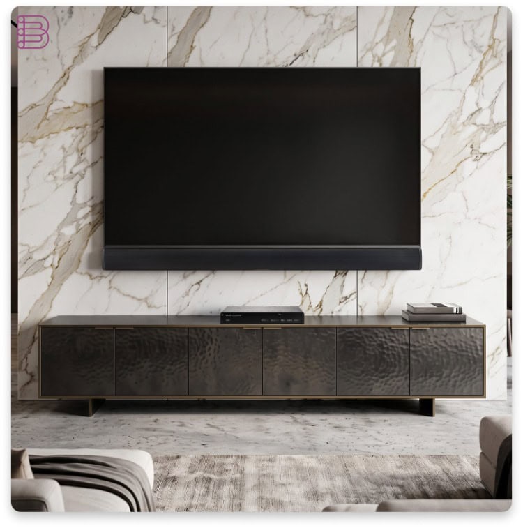 MartinLogan USR51 network AV receiver on a media console below a flat-panel television