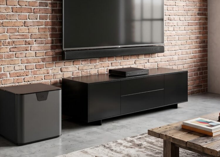 MartinLogan USR51 network AV receiver installed in a living room media console