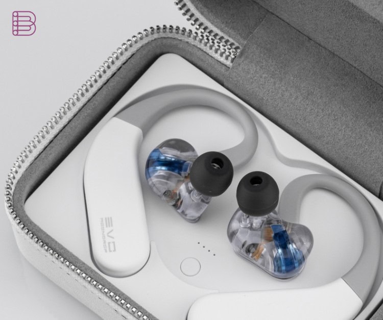 Moondrop EVO true wireless ear-hook in its reversible charging case