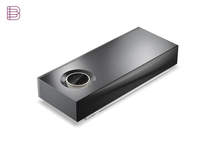 Naim Mu-so 2nd Generation all-in-one speaker, three-quarter angle showing the volume dial