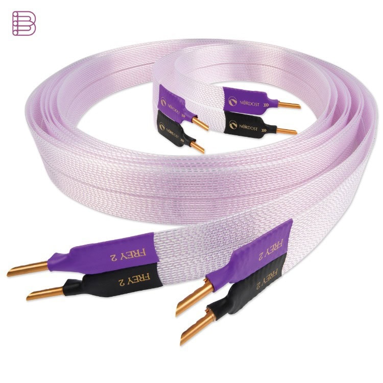 Nordost Norse Frey 2 flat speaker cable with both banana connectors visible