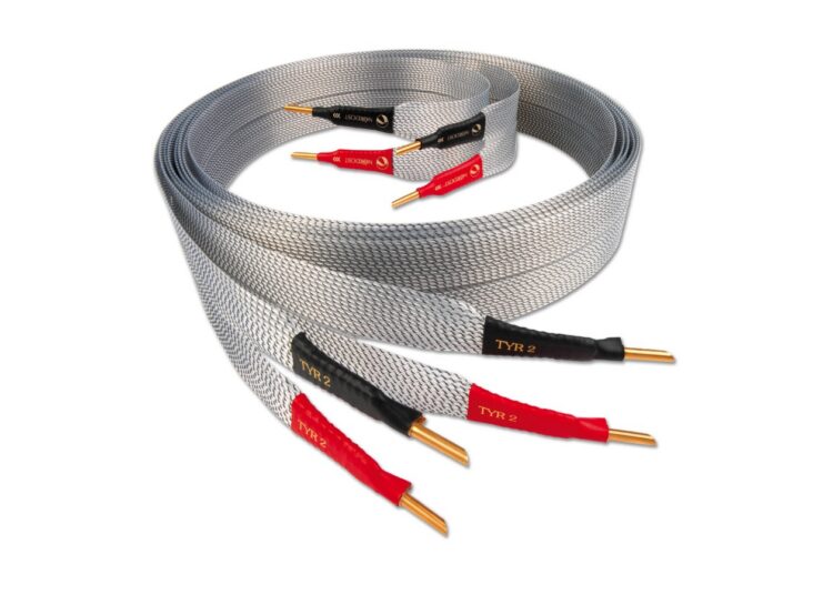 Nordost Norse Tyr 2 flat speaker cable with both banana connectors visible