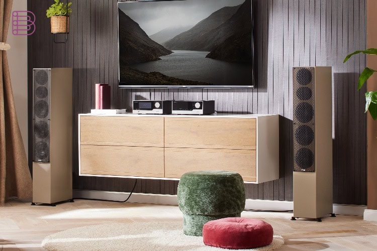 Pair of Nubert nuLine 284 floorstanding speakers in Cappuccino finish in a living room setting