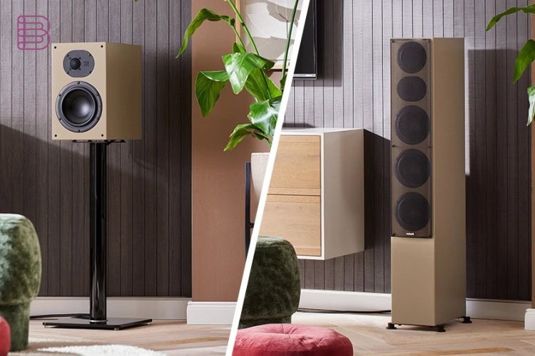 Nubert nuLine 34 and nuLine 284 together in Cappuccino finish in a living room setting