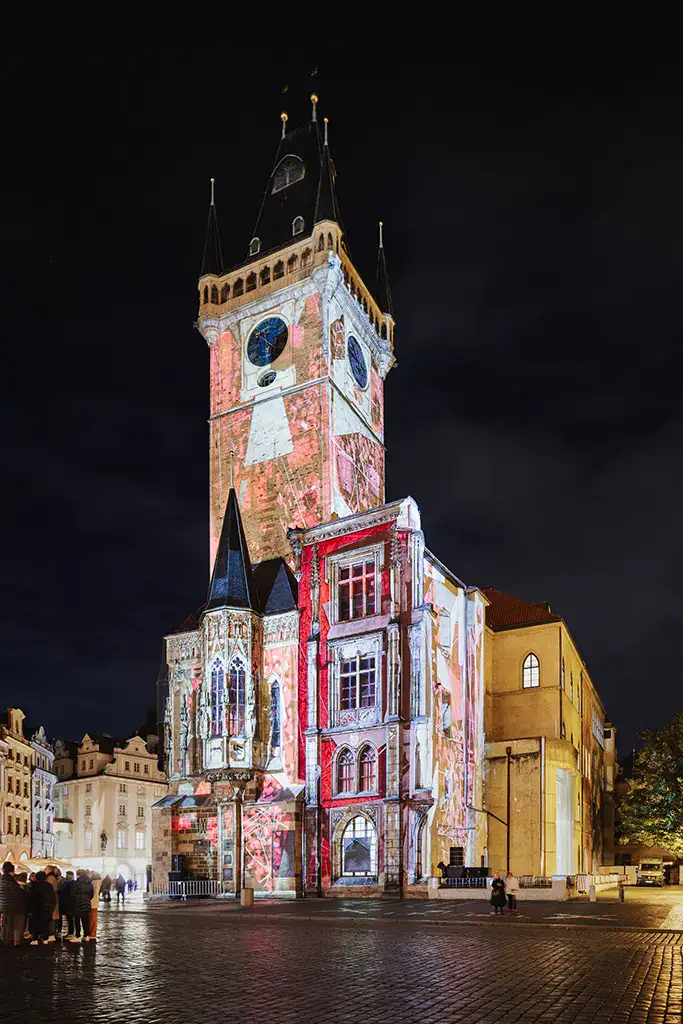 Projection mapping on the Old Town Hall tower at Signal Festival 2026 in Prague