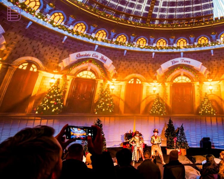 Panasonic Holovis Gunwharf Quays ApolloDomes immersive dome interior, Christmas-themed performance with audience