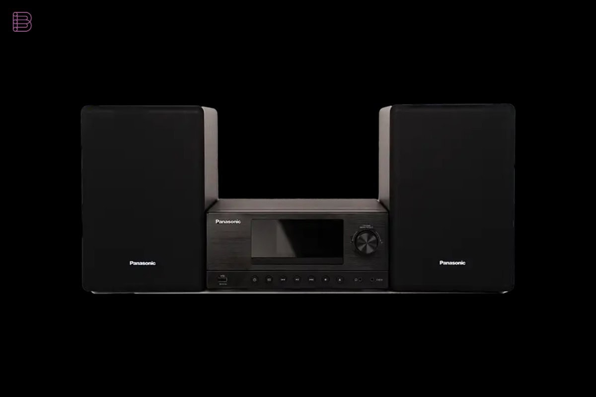 Panasonic SC-PMX112 micro system in black with wooden-enclosure speakers