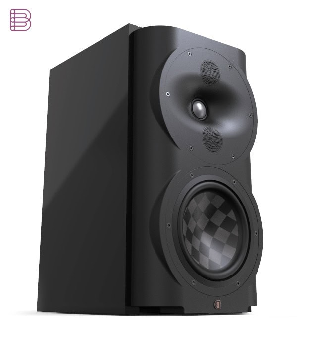 Perlisten S4b Black Edition bookshelf speaker, angled front view on a white studio background