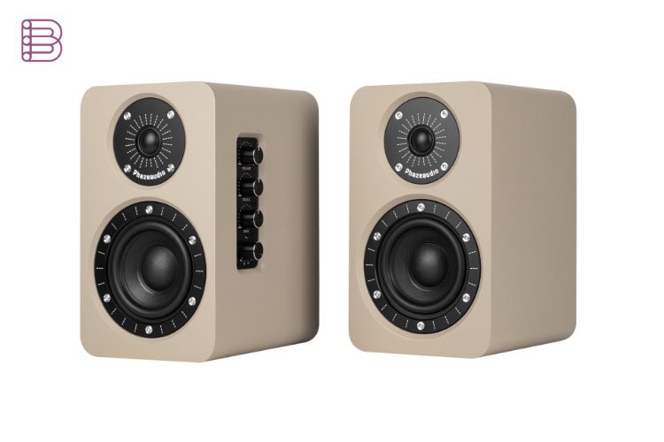 Phaze Audio Tilia Active bookshelf speakers, front studio shot showing control knobs