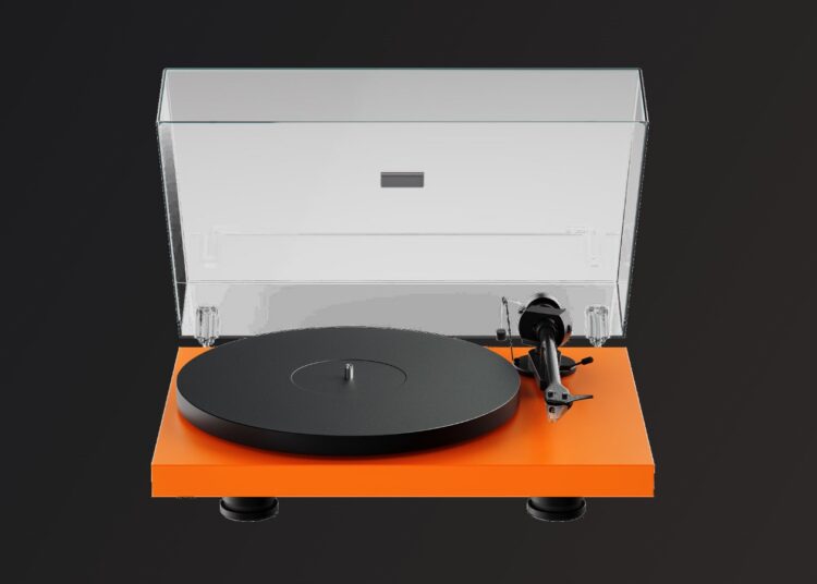 Pro-Ject Signal Orange Debut EVO 2 turntable on a dark background