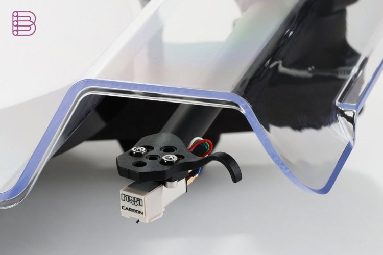 Close-up of the factory-fitted Rega Carbon cartridge on the Replay turntable
