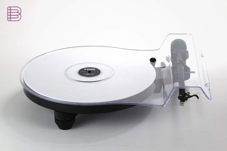 Alternate angled view of the Rega Replay turntable with dustcover raised