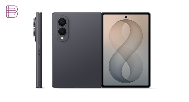 Samsung Galaxy Z8 Fold8 in Graphite shown folded, in profile, and unfolded