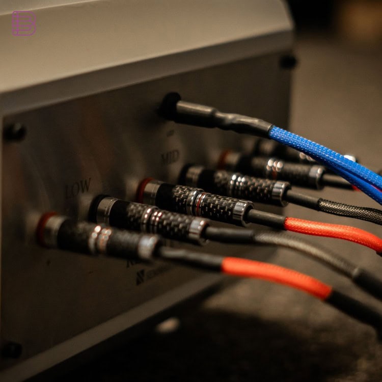 Close-up of the Semmaa Audio Reality One external crossover filter with separate high, mid and low terminals