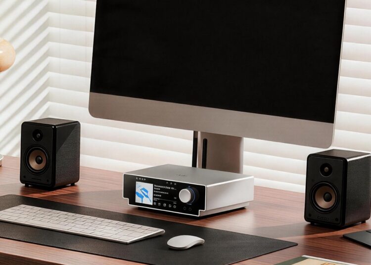 Shanling SM50 Hi-Fi music streamer in a desktop listening setup