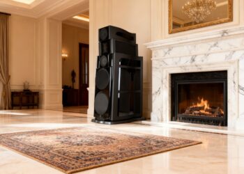 Sigma Acoustics MAAT Vector XAC loudspeaker in a living room with a marble fireplace