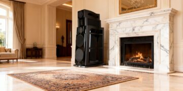 Sigma Acoustics MAAT Vector XAC loudspeaker in a living room with a marble fireplace