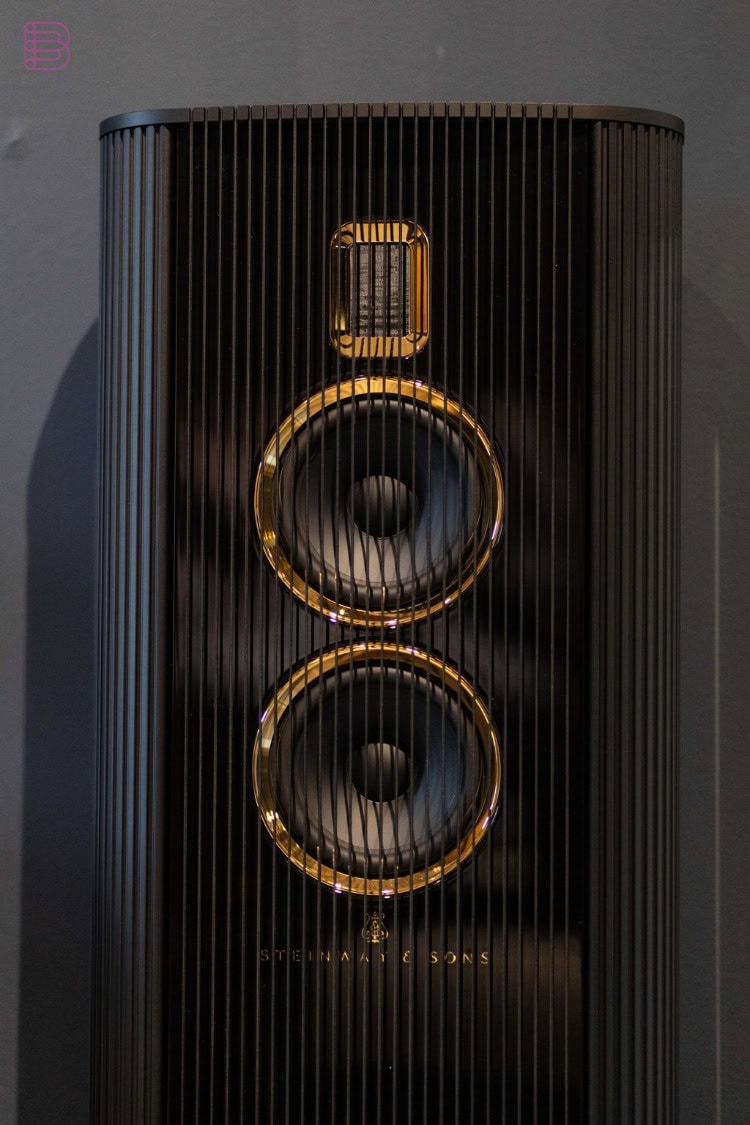 Steinway Lyngdorf Model O loudspeaker front view with gold-coated midrange drivers