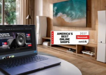 SVS America's Best Online Shops 2027 badge in a living room with SVS loudspeakers