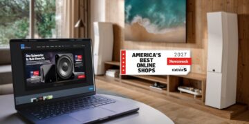 SVS America's Best Online Shops 2027 badge in a living room with SVS loudspeakers