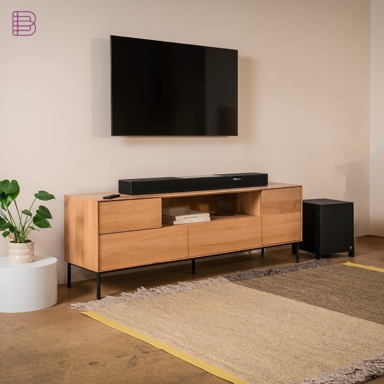 Teufel Cinebar Pro 2 soundbar and T 10 Mk2 subwoofer set up in a living room