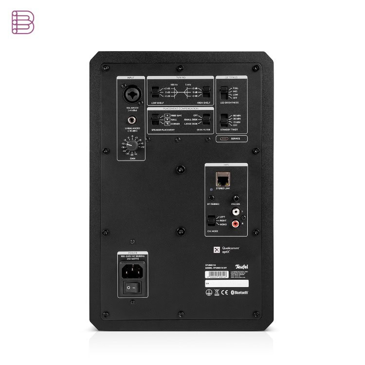 Rear panel of the Teufel Studio 5X BT with Bluetooth pairing and tuning controls