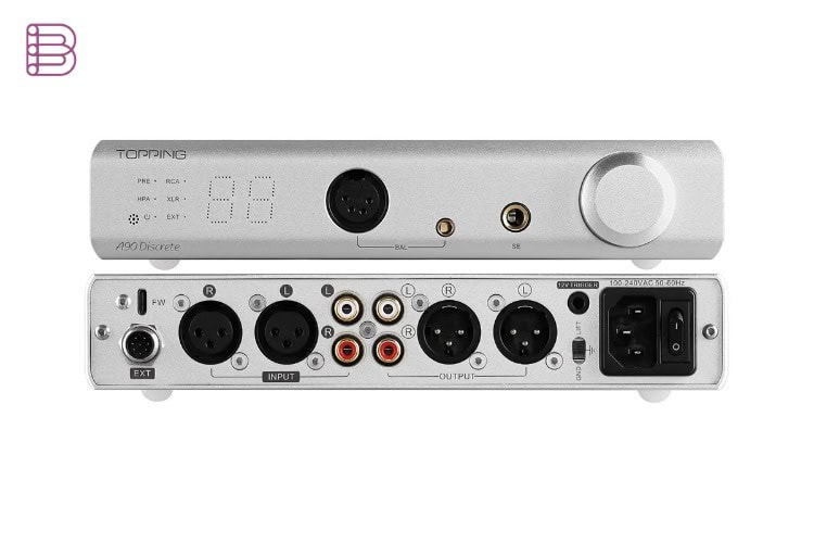 Topping A90 Discrete headphone amplifier front and rear panel view