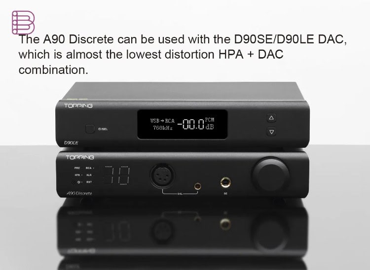 Topping A90 Discrete balanced headphone amplifier stacked with the Topping D90LE DAC