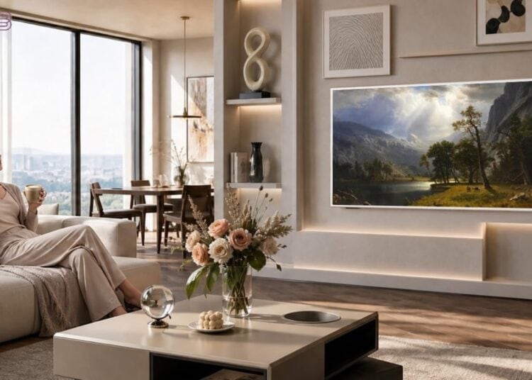 Toshiba REGZA ArtVision G700S art TV displaying artwork on a living room wall