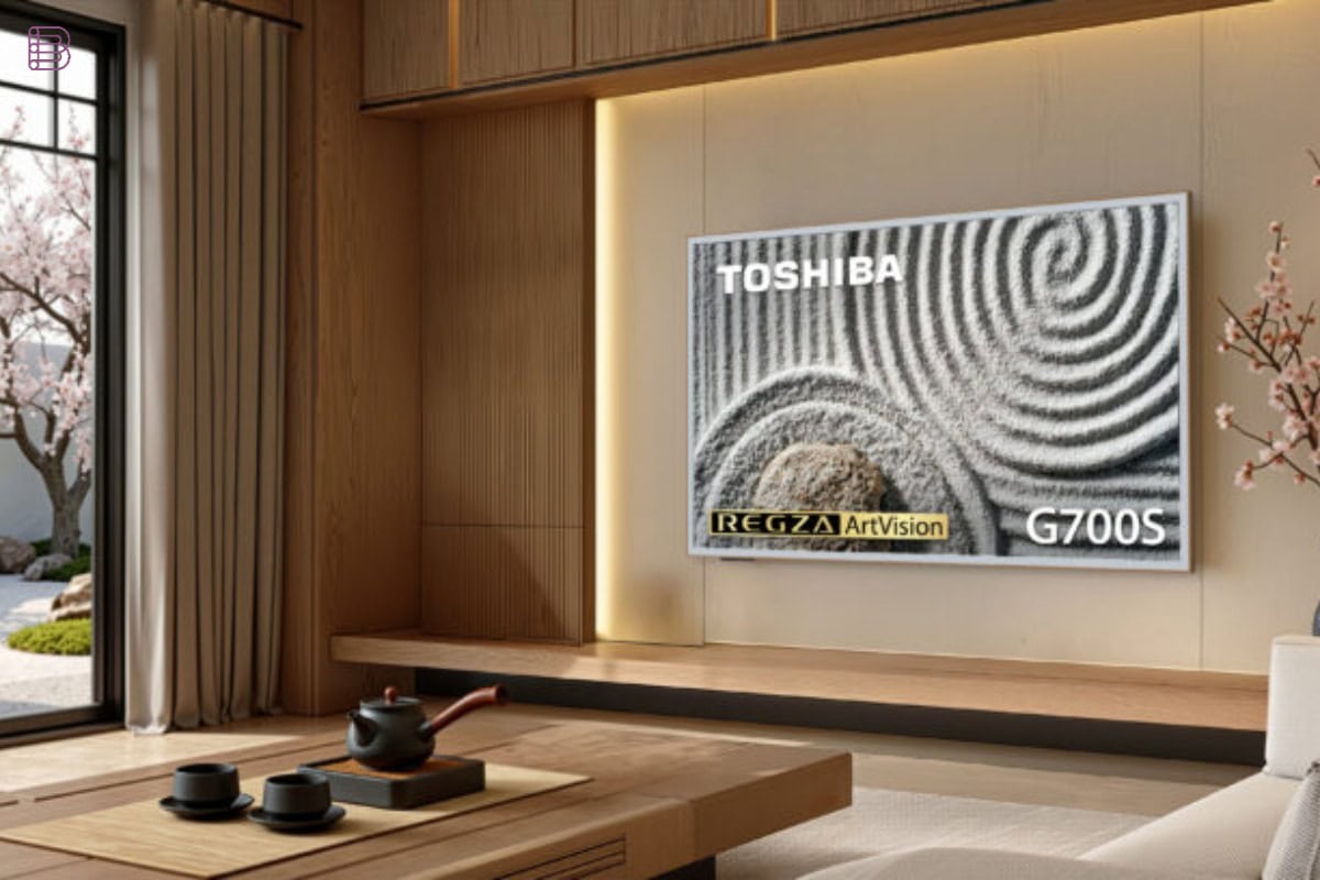 Toshiba REGZA ArtVision G700S displaying ambient artwork in a Japanese-inspired living room
