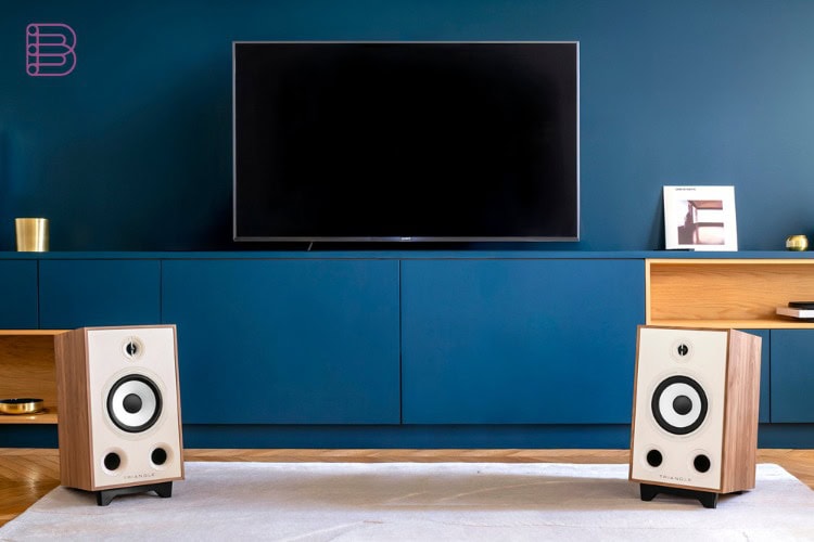 Triangle Borea BR05 bookshelf speaker, light oak finish, lifestyle setting