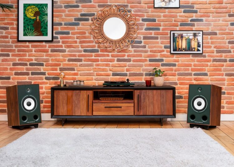 Triangle Borea BR05 bookshelf speakers in a living room, green finish