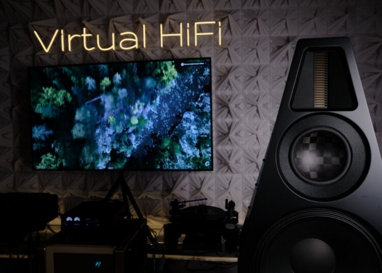 Virtual HiFi Supernova open-baffle loudspeaker in a dimly lit listening room