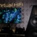 Virtual HiFi Supernova open-baffle loudspeaker in a dimly lit listening room