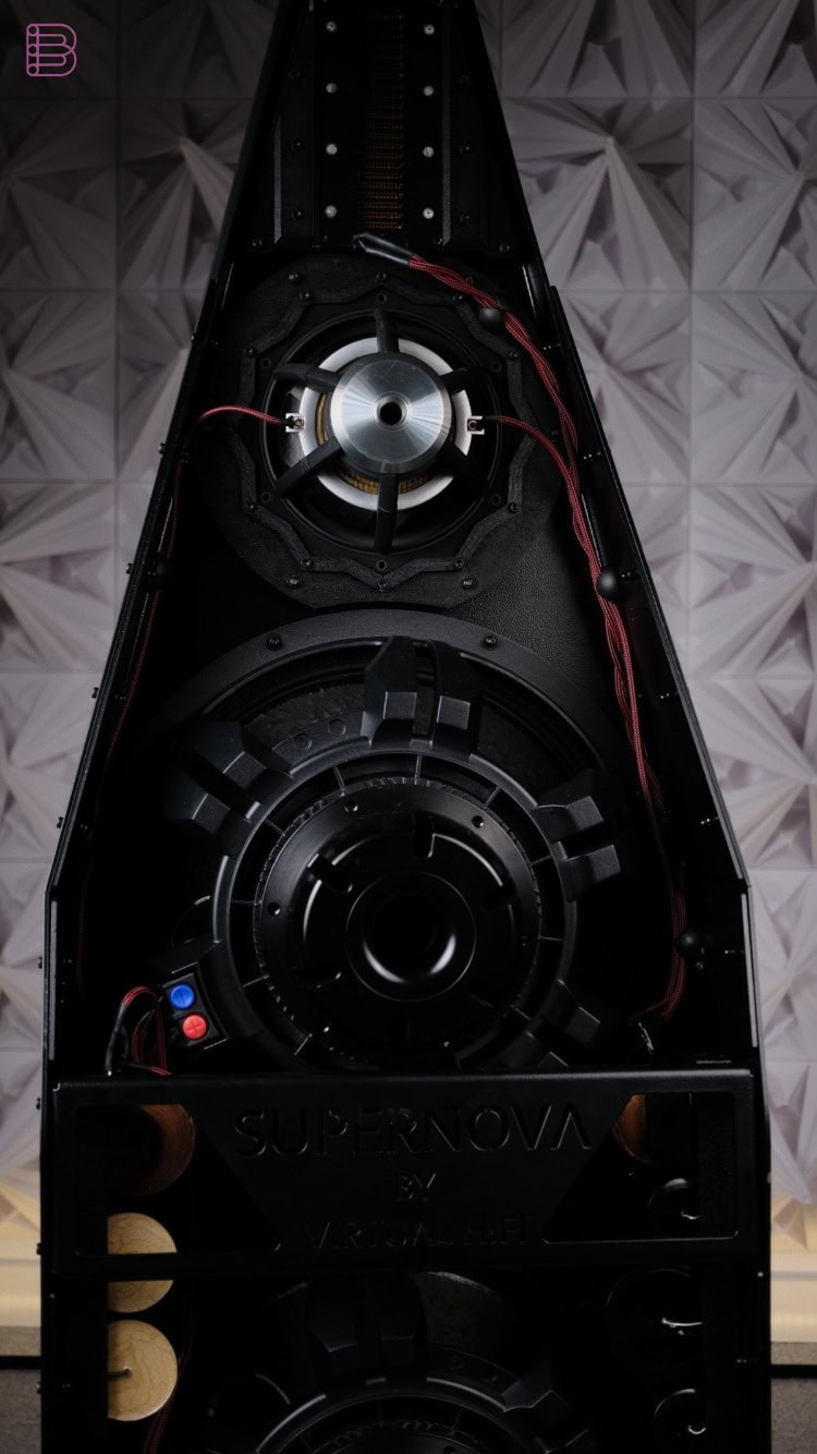 Rear panel of the Virtual HiFi Supernova showing the dual 15-inch woofers and Mundorf AMT tweeter