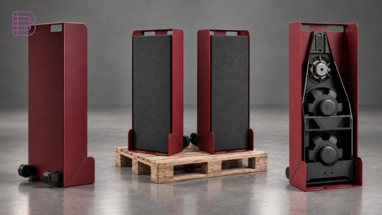 Virtual HiFi Supernova loudspeakers on their dedicated steel transport cart