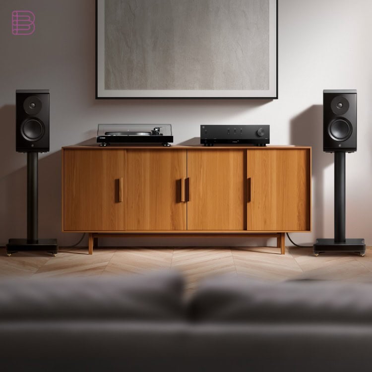 Yamaha R200A stereo receiver on a sideboard with speakers and a turntable